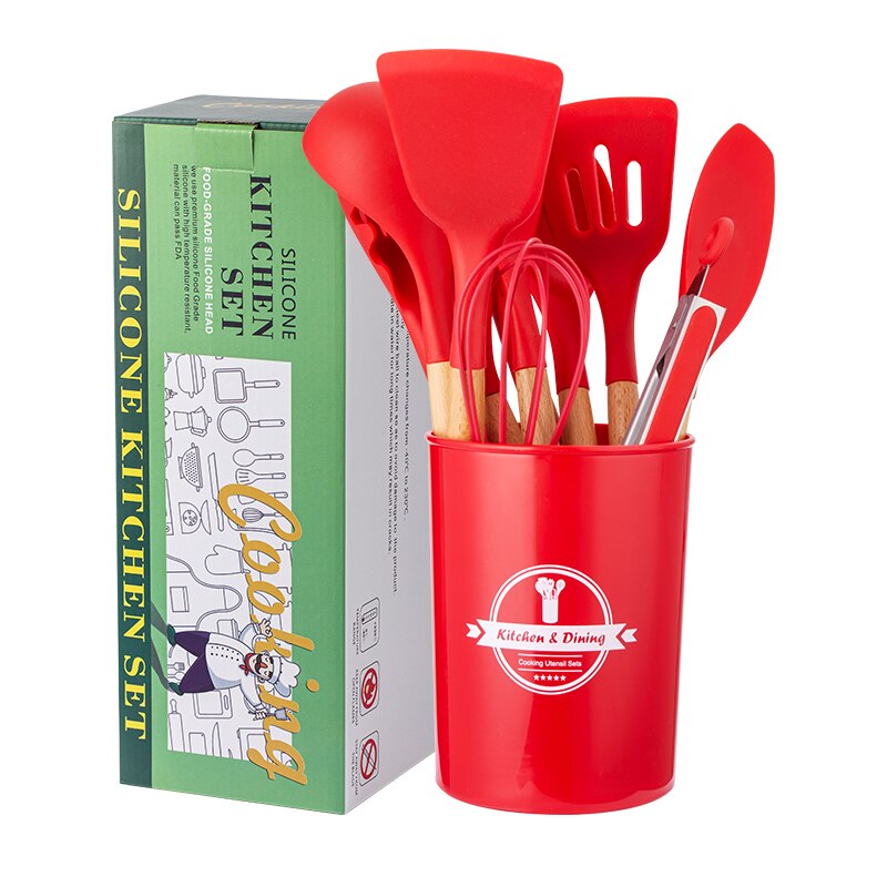 12Piece Silicone Cooking Kitchen Utensils Set Nylon Utensils Stainless Steel Cooking Utensil Set: Red
