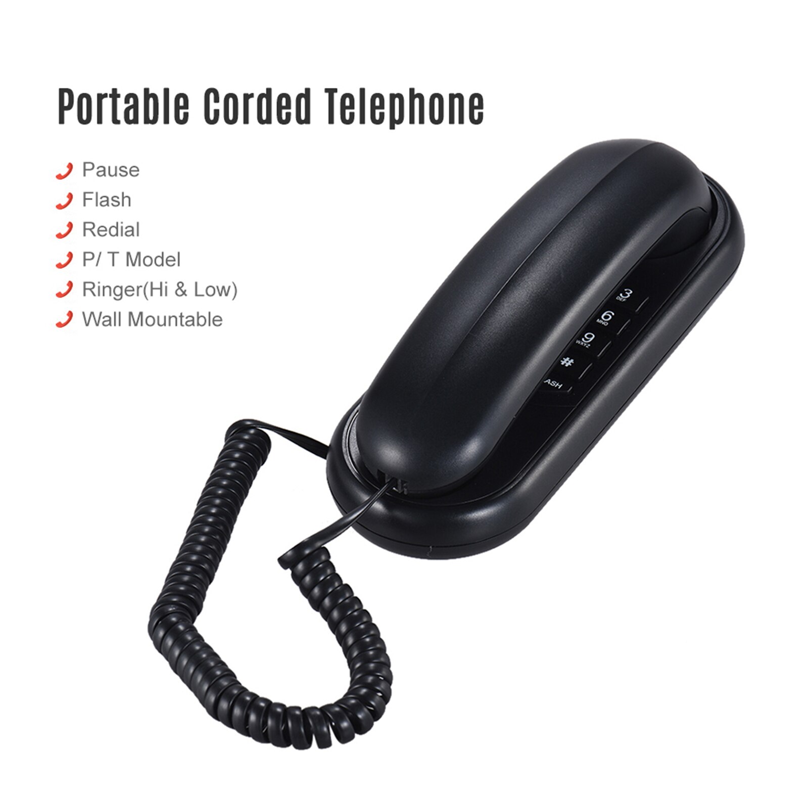 Portable Corded Telephone Phone Pause/ Redial/ Flash Wall Mountable Base Handset for House Home Call Center Office Company Hotel