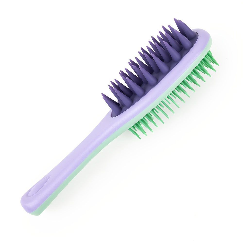 Dubbelzijdige hoofdhuidmassage-haarborstel met lange steel - Zijdige siliconen borstelharen en hoofdhuidmassageapparaat, geschikt voor zowel droog als nat gebruik: Paars