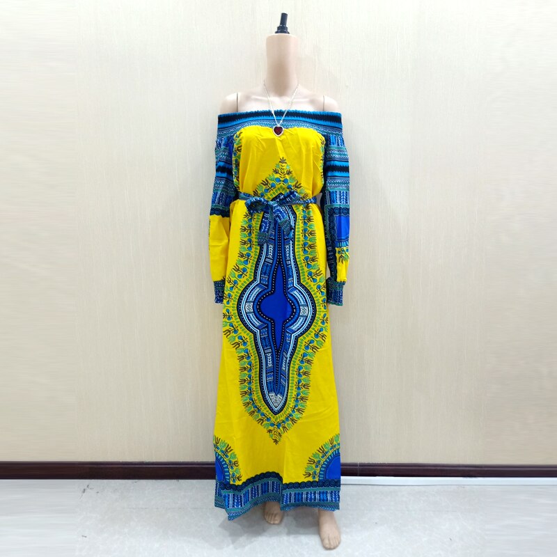 African Dashiki Off Shoulder Long Sleeve Blue Cotton Print Long Dress: Yellow