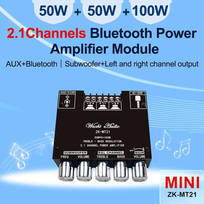 MT21 TB21 TPA3116 2.1 Channel Bluetooth 5.0 Subwoofer Amplifier Board 50WX2+100W Power Audio Stereo Amplifier Board Bass AMP AUX