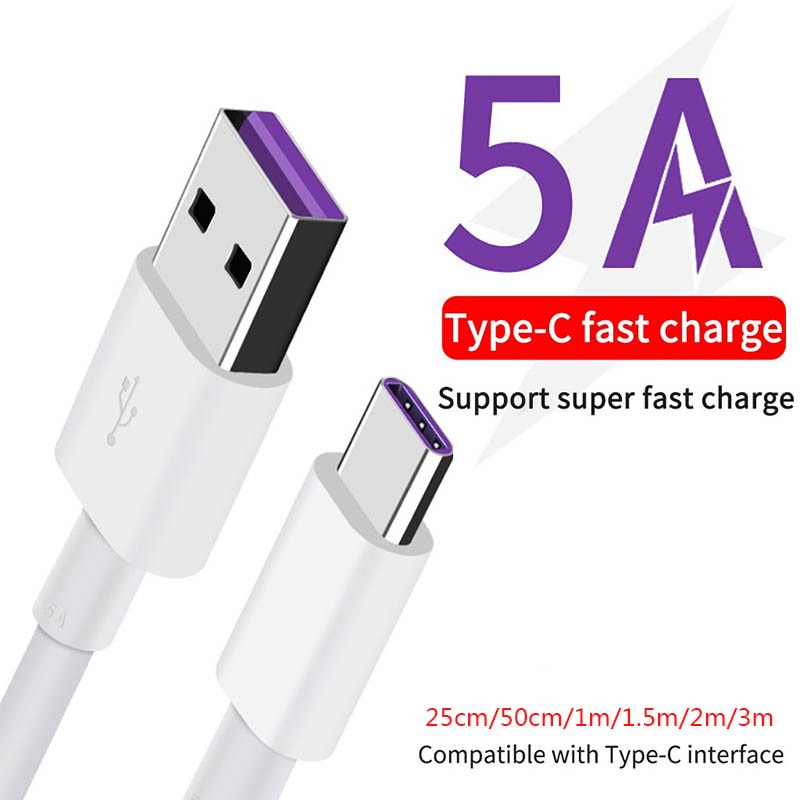 0.25m 1.5m 2m USB C Cable 5A Supercharge USB Type C Cable for Huawei p20 P30 Honor V10 Cable Quick Charging Fast Charger Cable