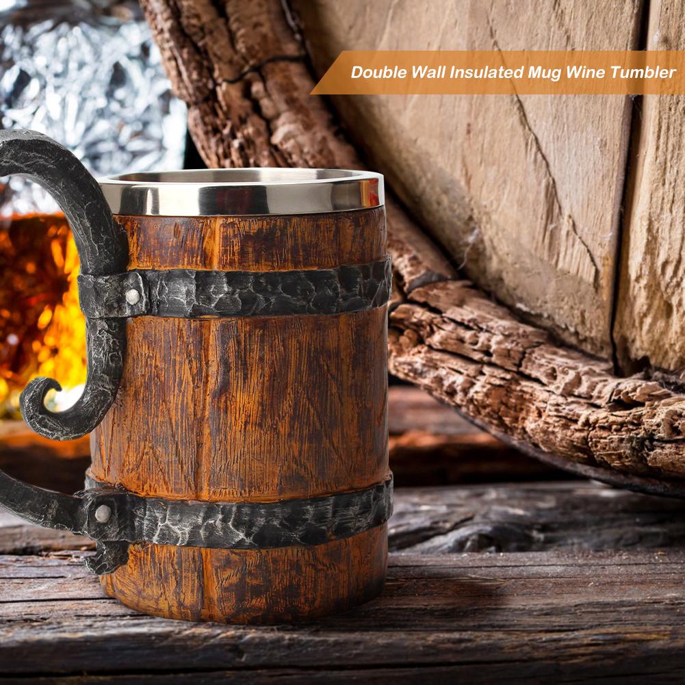 500ml Viking Wood style Beer Mug as Christmas Simulation Wooden Barrel Beer Cup Double Wall Drinking Mug Metal Insulated