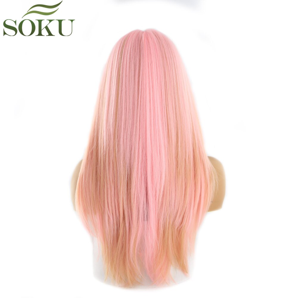 Pelucas frontales de encaje sintético de Color rosa SOKU para mujeres negras, peluca de parte media, pelucas de fibra de alta temperatura sin pegamento de 130% de densidad