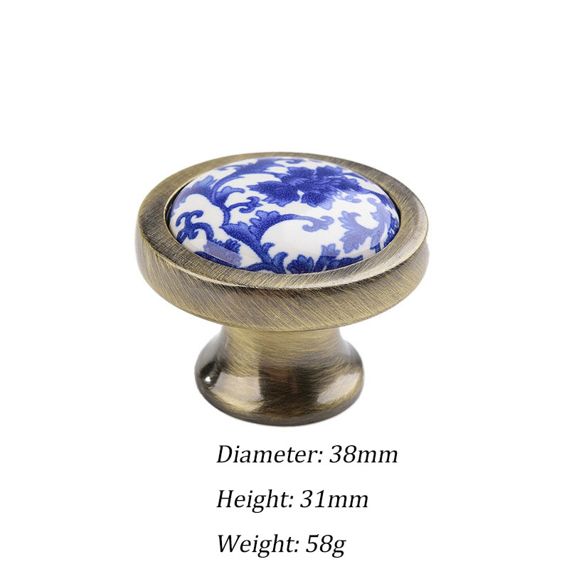 Tiradores de cerámica para armarios y cajones, pomos de puerta redondos con flores azules, tiradores de muebles Vintage, tiradores de armario de bronce antiguo: Blanco