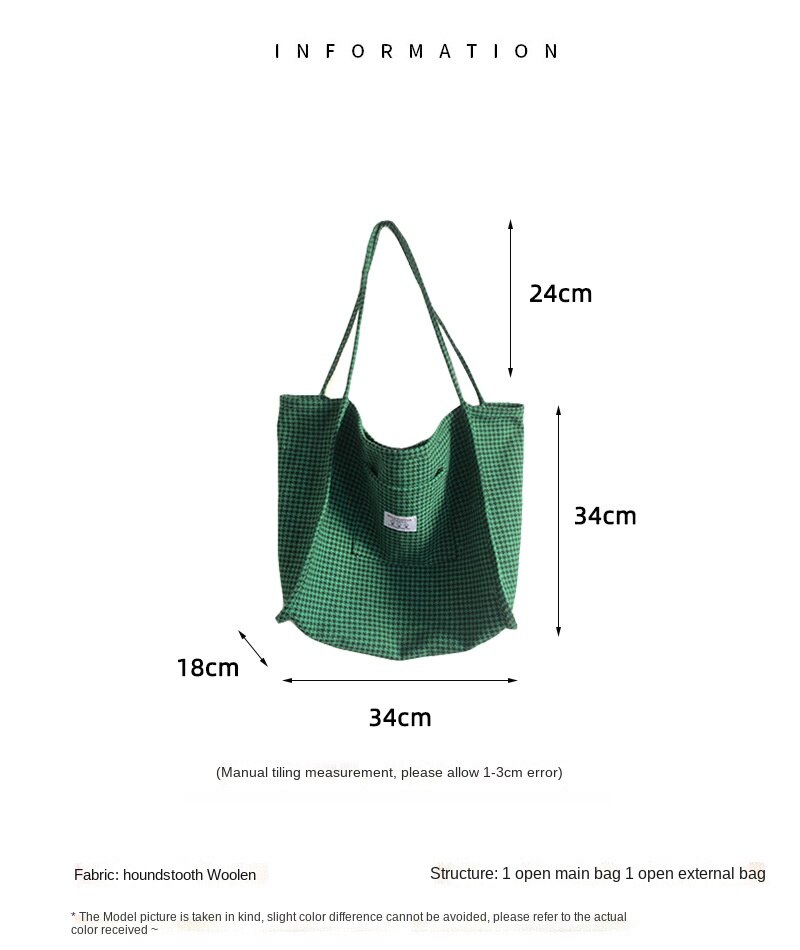 Koreaanse Stijl Grote Tote Tas Vrouwen Houndstooth Wollen Schoudertas Dames Handtassen Student Grote Boek Shopper Bag Bolsa mujer