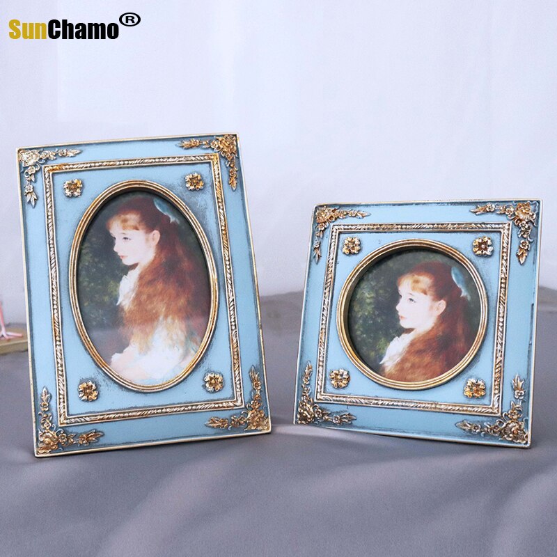 European Style Retro Gold and Blue Carved 6 Square 4 Inch Photo Frame Set Up French Light Luxury Resin Framed Wall Art