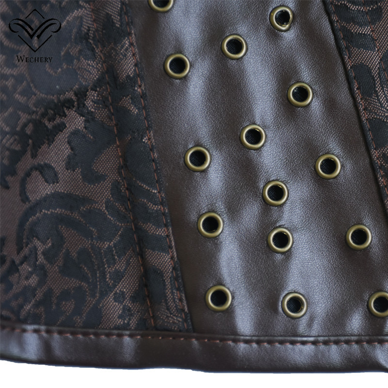 Wechery Brown Steampunk Corset Gothic Clothing Sexy Jacquard PU leather Steel Boned Zip Buckle Corsets And Bustiers