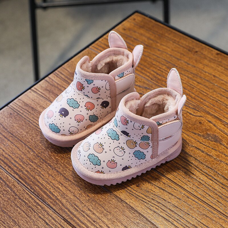 Zapatos de de invierno para niña, botas Martin de algodón, botas cálidas con Orejas de conejo y corona de oso, zapatos rosas peludos para niña de 1 a 3 años