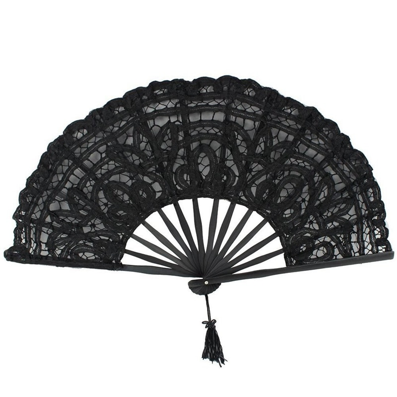 Handgemaakte Katoenen Lace Folding Hand Fan Voor Party Bridal Wedding Decoratie (Zwart)