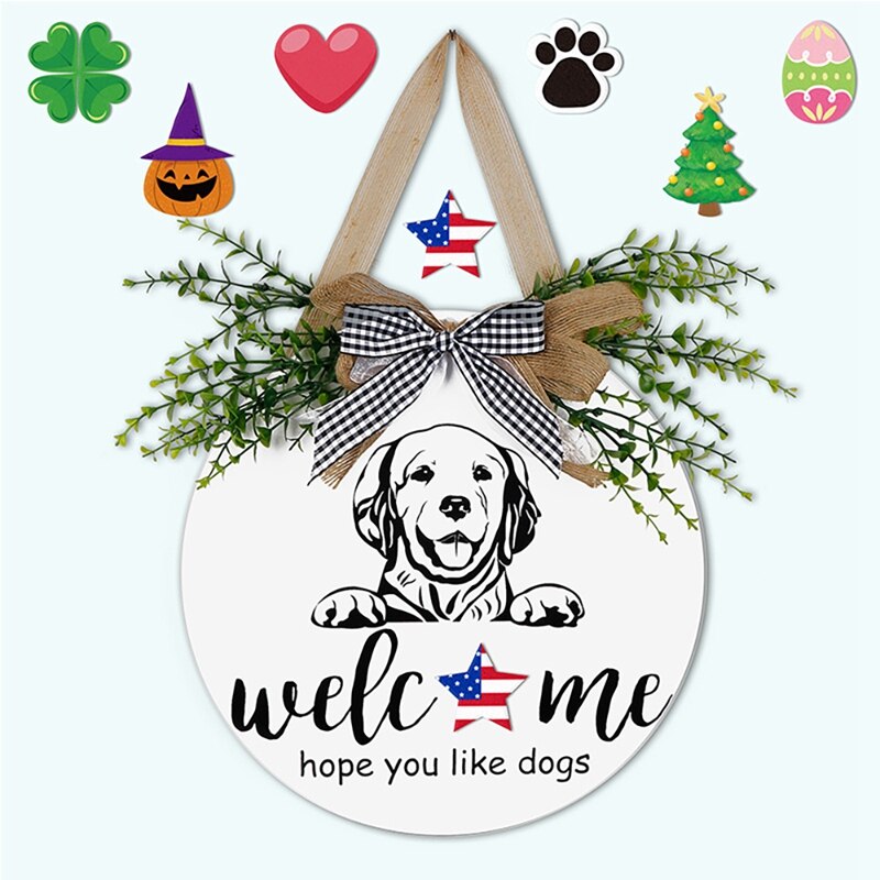 Interchangeable Seasonal Welcome Sign Wood Door Wreath with Bow Pet Wall Hanging Porch Christmas Decoration