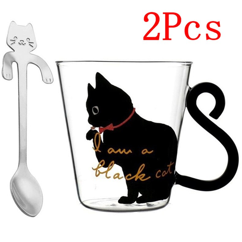 Tazas de vidrio de dibujos animados gato lindo taza de agua con cuchara agitadora desayuno tazas de leche taza de té y café resistente al calor niñas Drinkware: 2pcs Black Silver