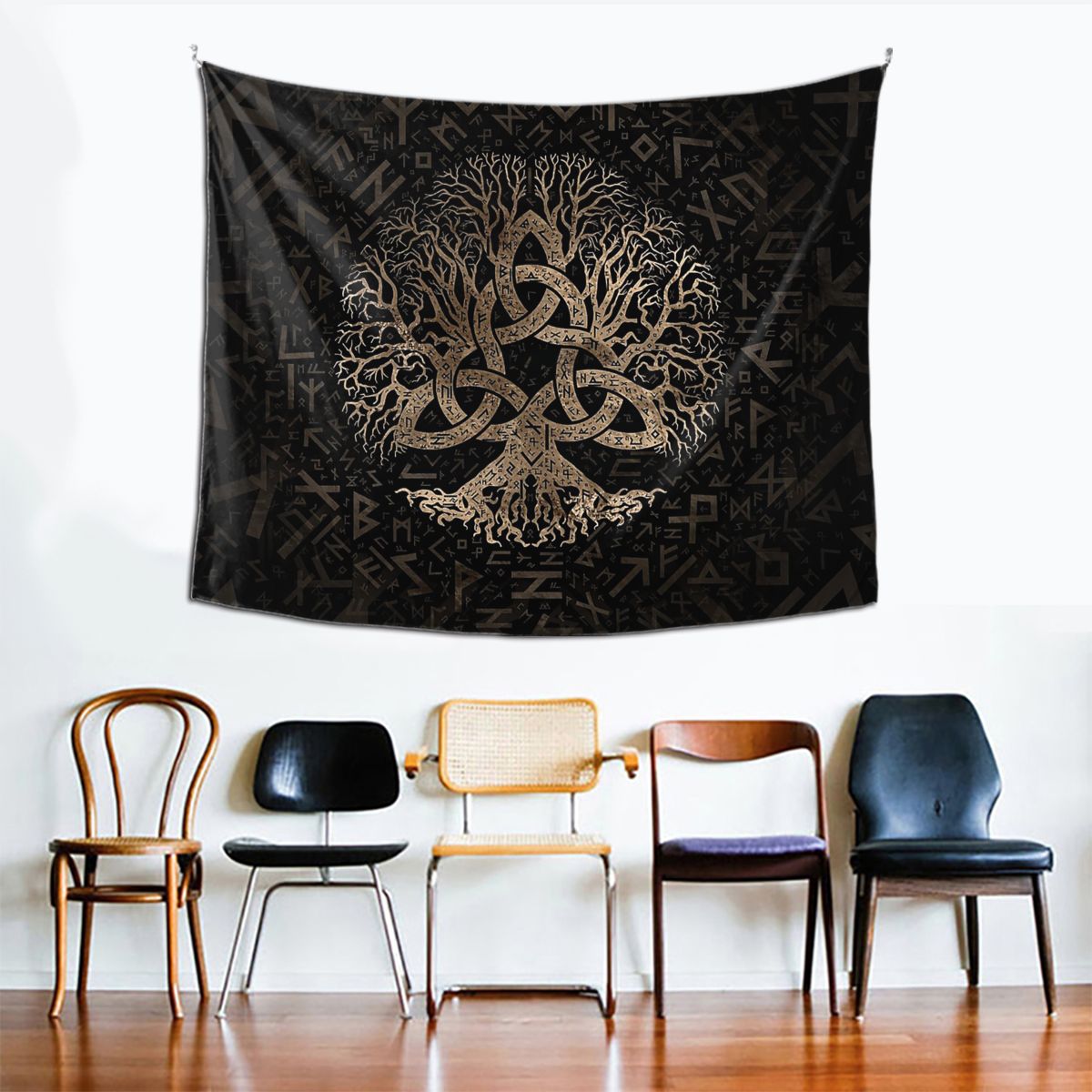 Tree Of Life With Triquetra On Futhark Viking Tapestry Wall Hanging Table Cloth Vikings Valhalla Wall Cloth Polyester Beach Mat