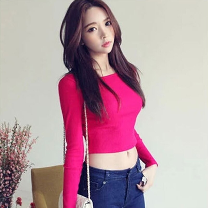 Kvinnor yoga kostym långa ärmar crop tops rund hals hög midja t-shirt slim fit toppar: Rosröd
