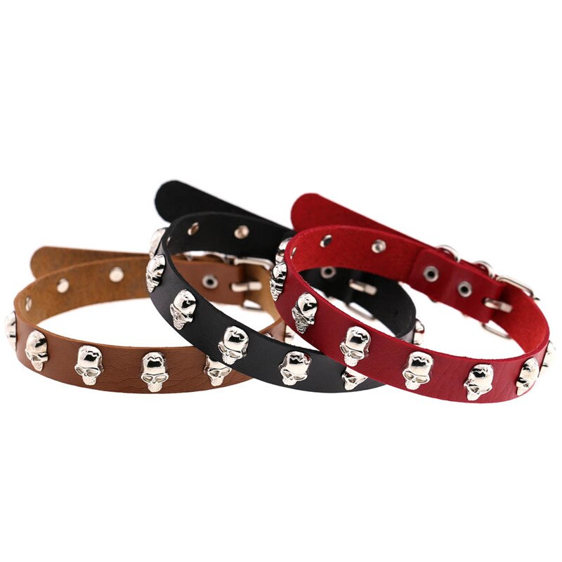 Trendy Punk Rock Silver Color Alloy Skull Leather Choker Necklace For Women Men Collar Jewelry