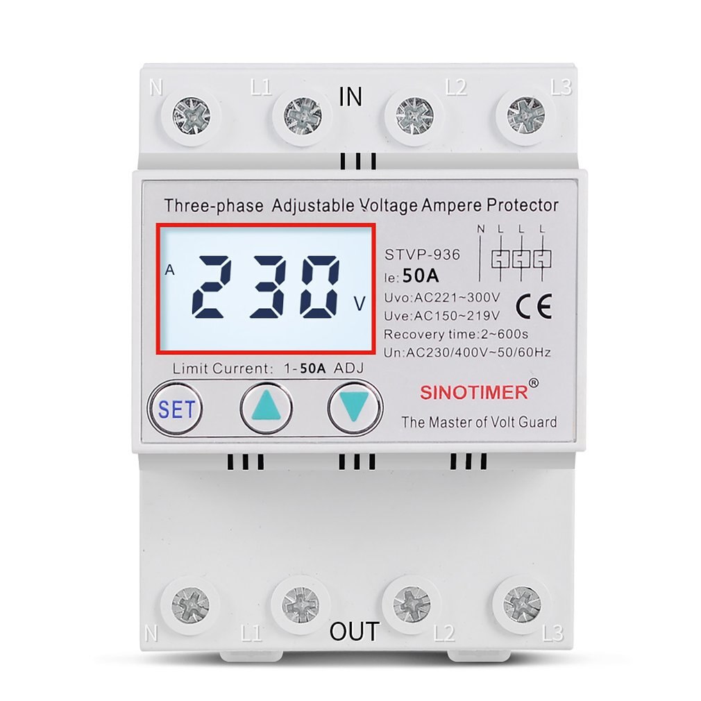 Din Rail 3 Phase Voltage Relay 380V Voltmeter Ammeter Over and Under Voltage Relays Adjust Current Overvoltage: 50A