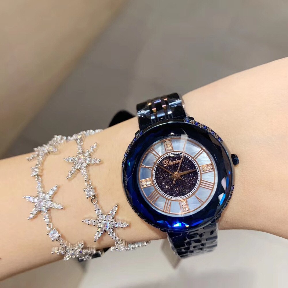 Noble bleu Anti décoloration pleine acier Bracelet montres femmes grande taille Montre neutre Quartz romain Montre-Bracelet à facettes cristaux Montre