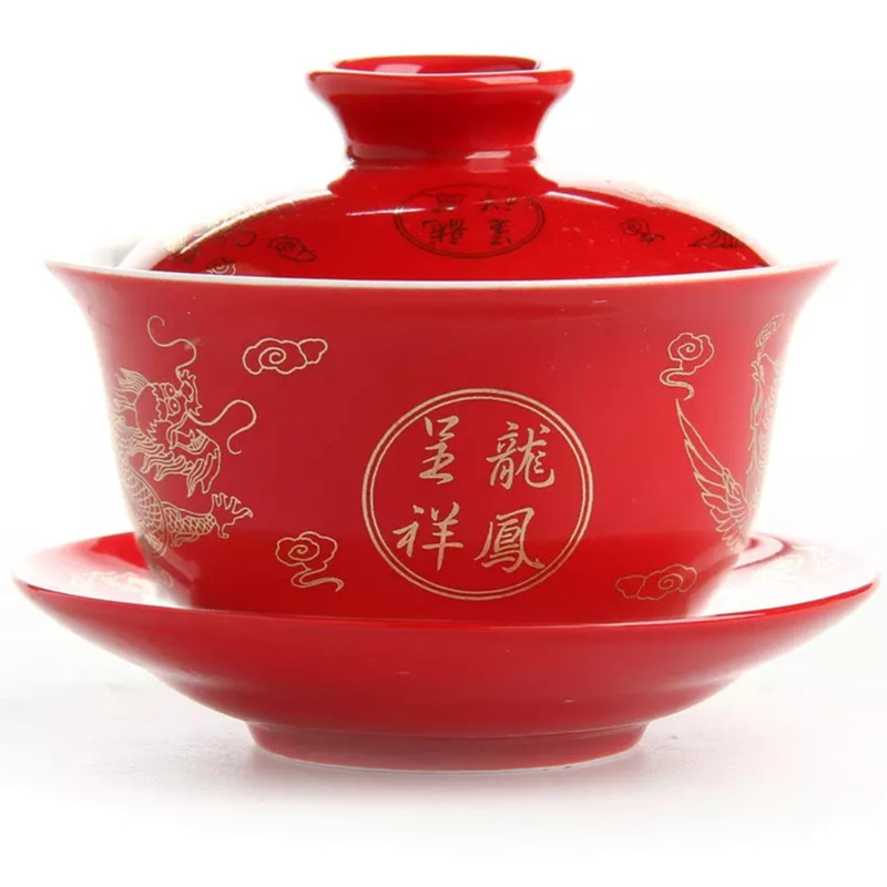 Kinesisk testel drage og føniks bryllup rød gaiwan keramisk testel terrin jingdezhen porcelæn te låg skål spisestel kopper: Dp c