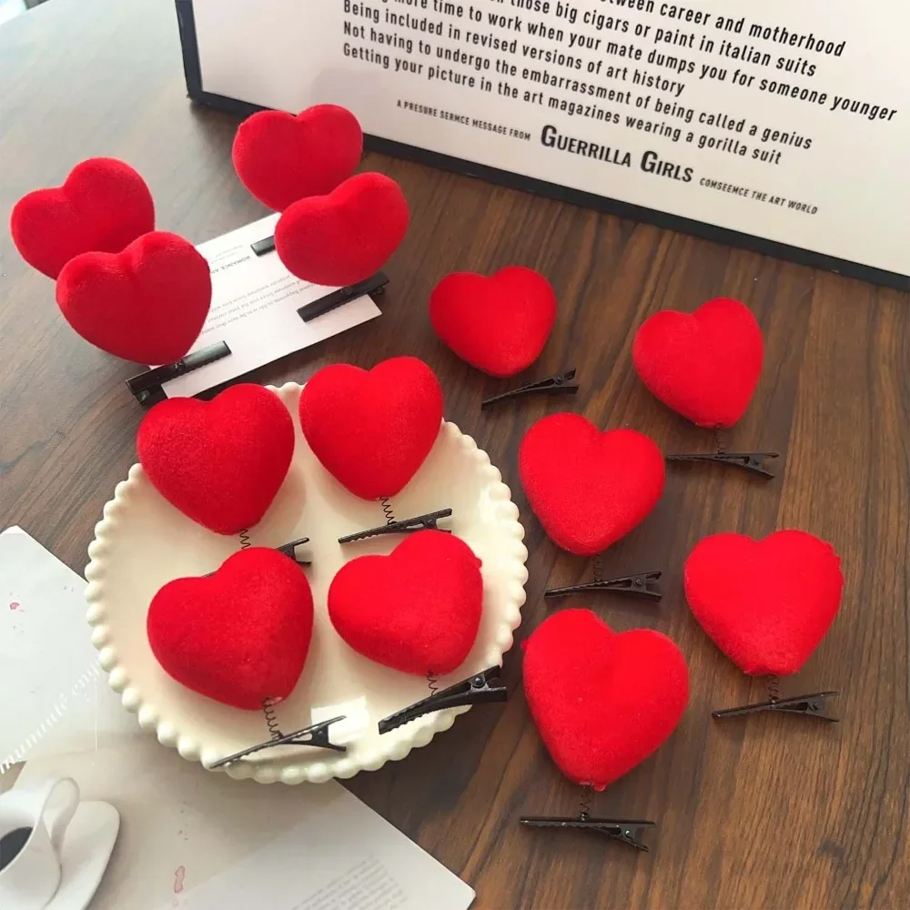 Pinzas para el cabello con forma de corazón rojo flocado, pinzas para el cabello con forma de corazón para bodas, horquilla de felpa, Clip de pico de pato a la , pasadores para el cabello para niños,