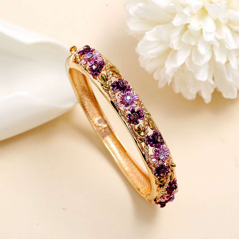 Palácio vintage pulseira feminina pintado à mão delicado abertura oco flor pulseira acessórios: Purple