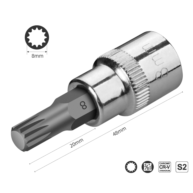 1PC 3/8" Drive S2 Alloy Spline Screwdriver Bits 12 Point MM Spline Socket Bit M8 M10 M12: Red