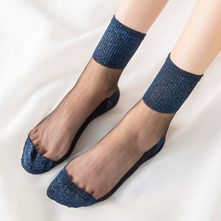 Kvinnor sommar glitter siden tunna strumpor dam spets mesh glänsande elastiska strumpor patchwork färger kristall genomskinliga vriststrumpor 8 färger: Blå