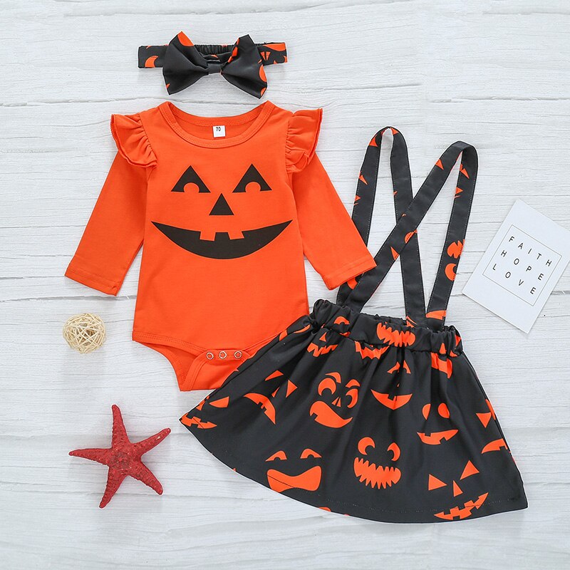 Baby pige tøj græskar ghost print slynge ærmeløs / langærmet jumpsuit bodysuit outfits halloween  ya88: 8t / Orange