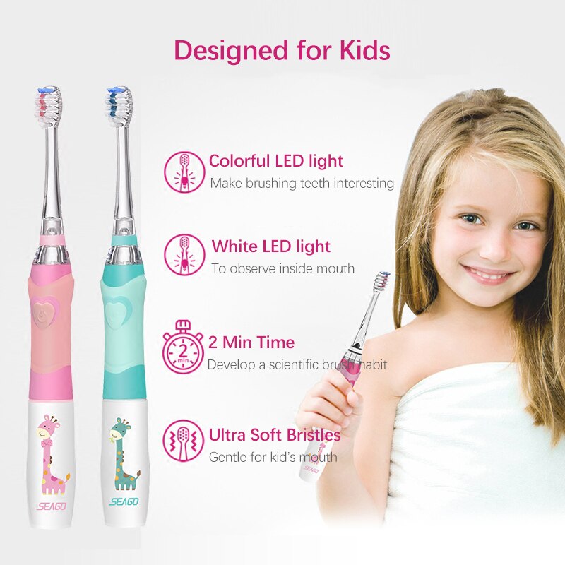 SEAGO Kinder Sonic Elektrische Zahnbürste Betriebene Wasserdichte LED Licht für 3-12 Alter Kinder Smart-Timer 3 Weichen Borsten pinsel Köpfe