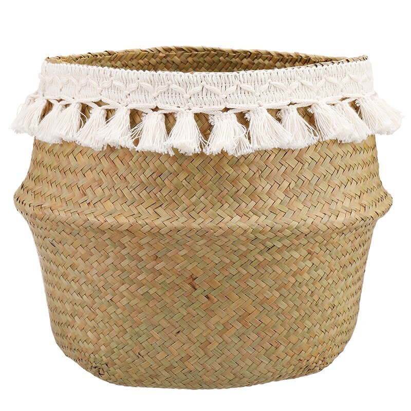 Flätad korg hopfällbar naturlig sjögräs vävda förvaringskorgar hushåll vit tofs trädgård blomkruka förvaring magkorg: Inget handtag / S 22 x 20cm