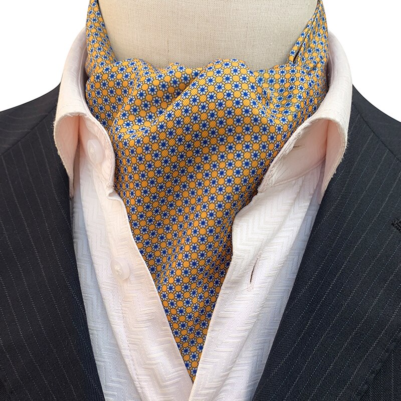 Mannen Ascot Banden Mannelijke Formele Sjaal Geel Met Blauwe Bloemen Cirkel Checkers Ascots Das Voor Mannen