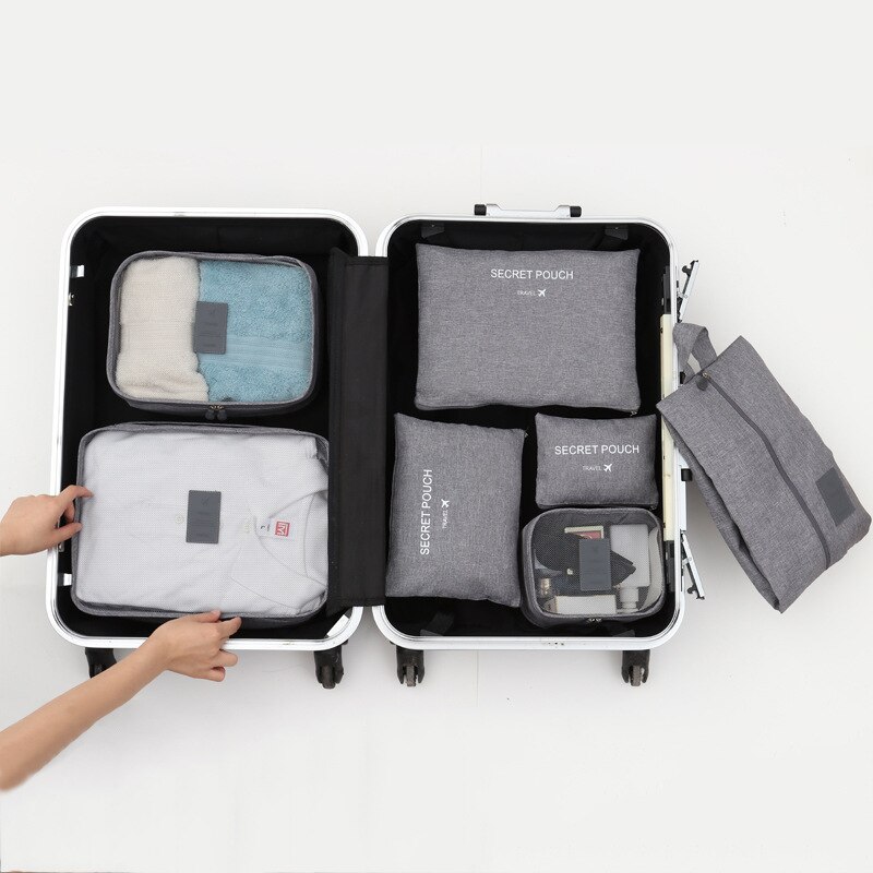 Nova 7 pçs/set De Armazenamento Roupas Íntimas Saco de Viagem Portátil Bagagem Organizador Roupas de Alta Qualidade de Acabamento Conjunto de Malha Saco De Viagem: Cinza