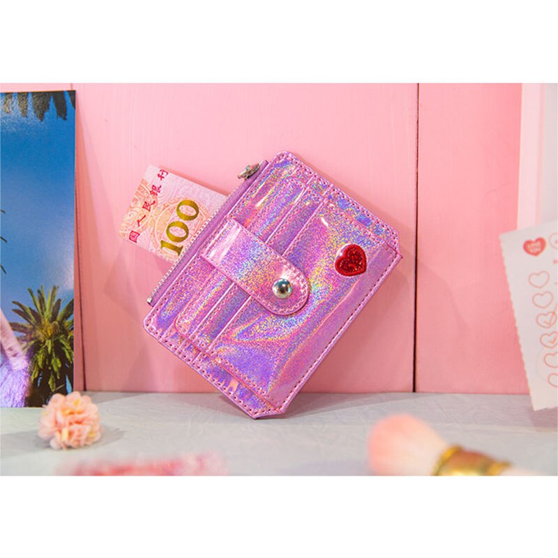Glänsande myntväska kvinnor harajuku stil pu dragkedja multi-kort position kort snap-on plånbok utomhus resor tarjetero