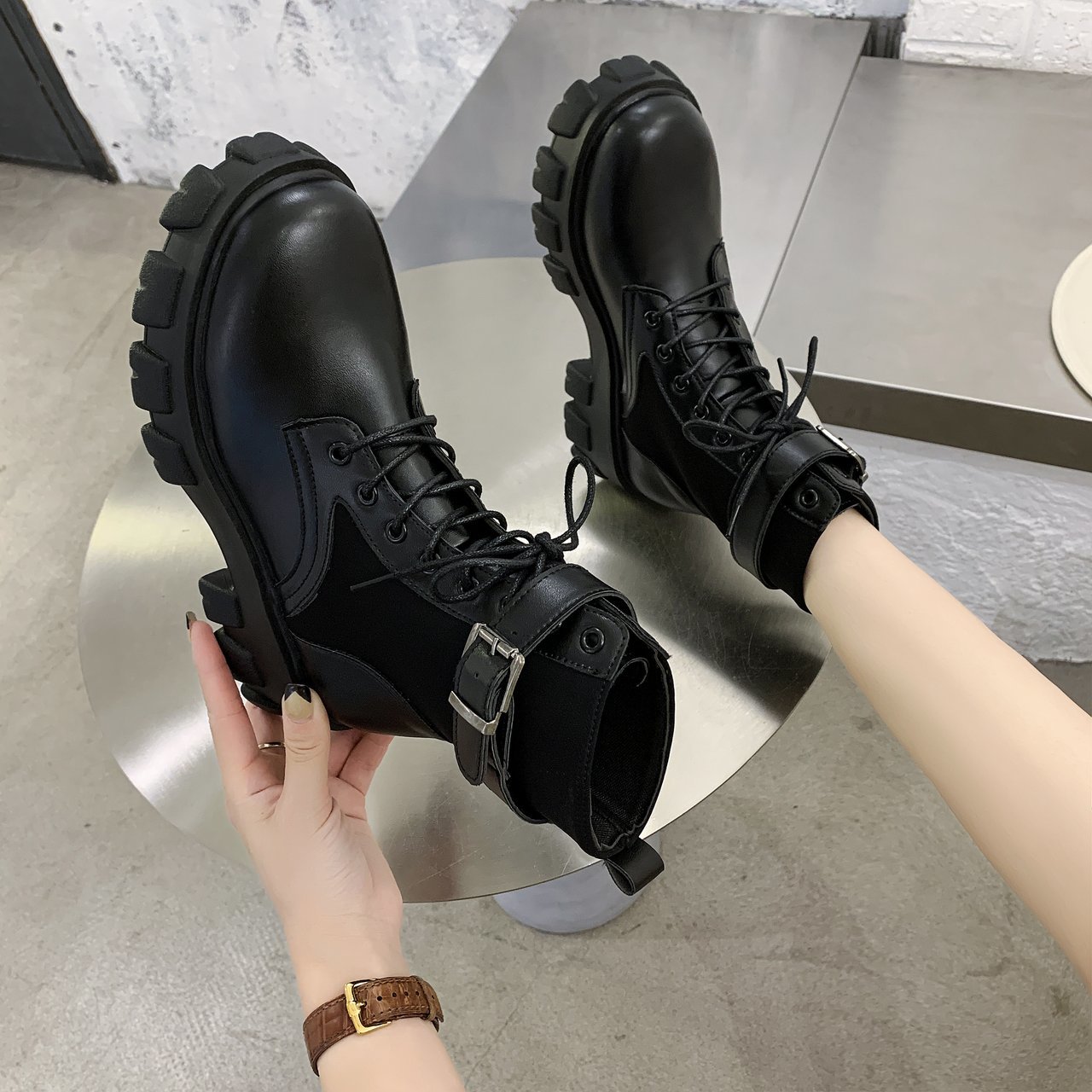 chaussures femme à lacets bottes épaisses bout rond chaussures femme boucle plate-forme en cuir PU bottines talons hauts