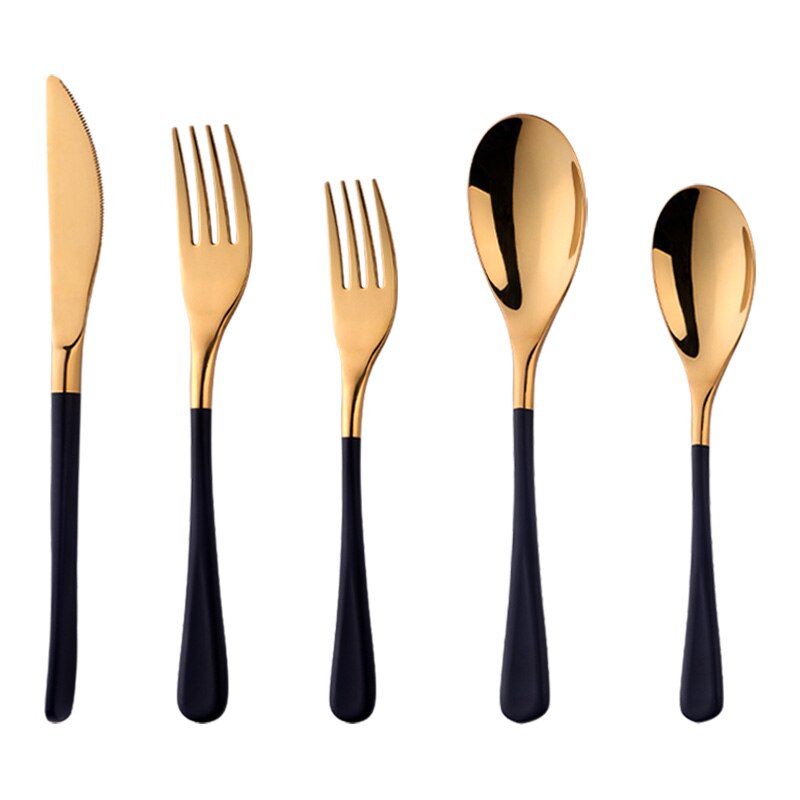 5x sort guld bestik sæt smedet 18/8 luksus bestik sæt rustfrit stål redskaber køkken spisestel kniv gaffel ske sæt  c283: Sort guld
