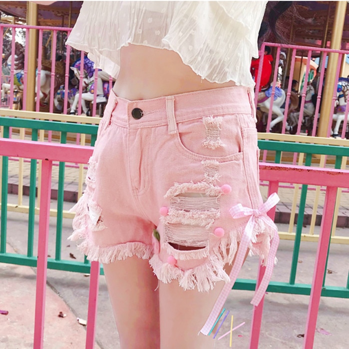 Sommar kawaii junior jeansshorts kvinnor korea hollow out korta shorts ins rosa vit rosett jeans feminino casual hål underdel