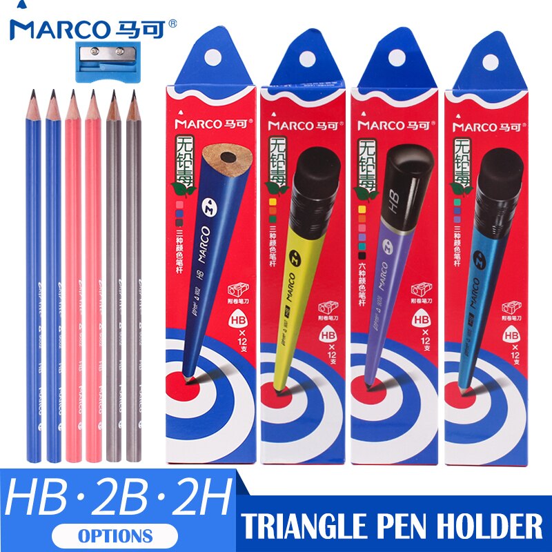 Marco 12 Stks/doos Standaard Potlood Met Puntenslijper Hb 2H 2B Veilig Materiaal 3 Kleur Lichaam Natuur Hout Driehoek Potloden voor Schrijven