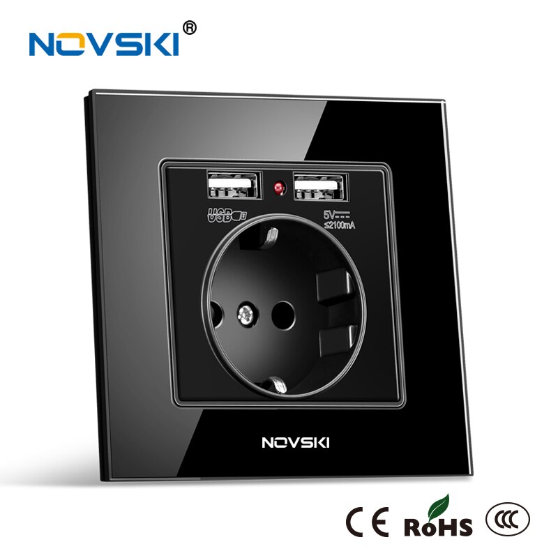 German Russian Wall Socket Grounded Dual USB 5V 2.1A Port Adapter Charging Wall Power Outlet Socket 86*86mm NOVSKI