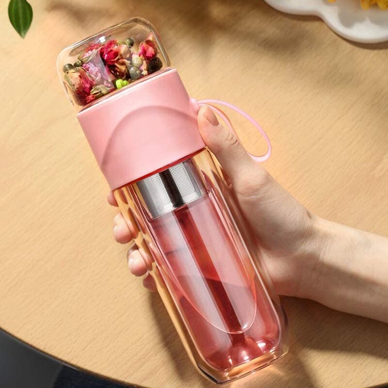 Double Wall Gl Tea Bottle Cup with Infuser Portable Tea Infuser Gl Tea Strainer Leak-Proof Gl 390Ml