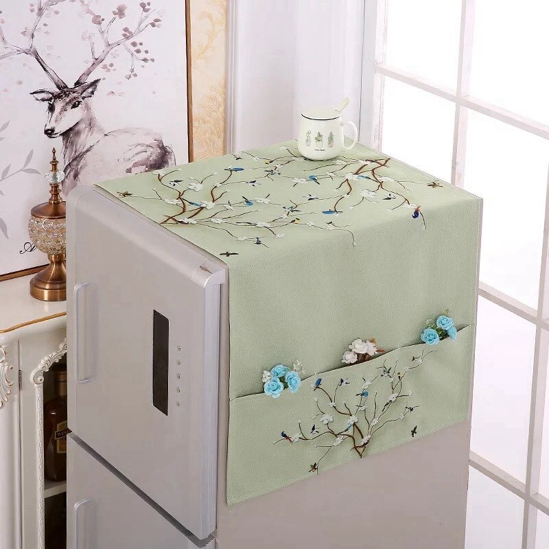Retro bomuld linned køleskab arrangør enkelt dobbelt dør køleskab dæksel vaskemaskine støv dække køkken husholdningsartikler: Fugle og blomster