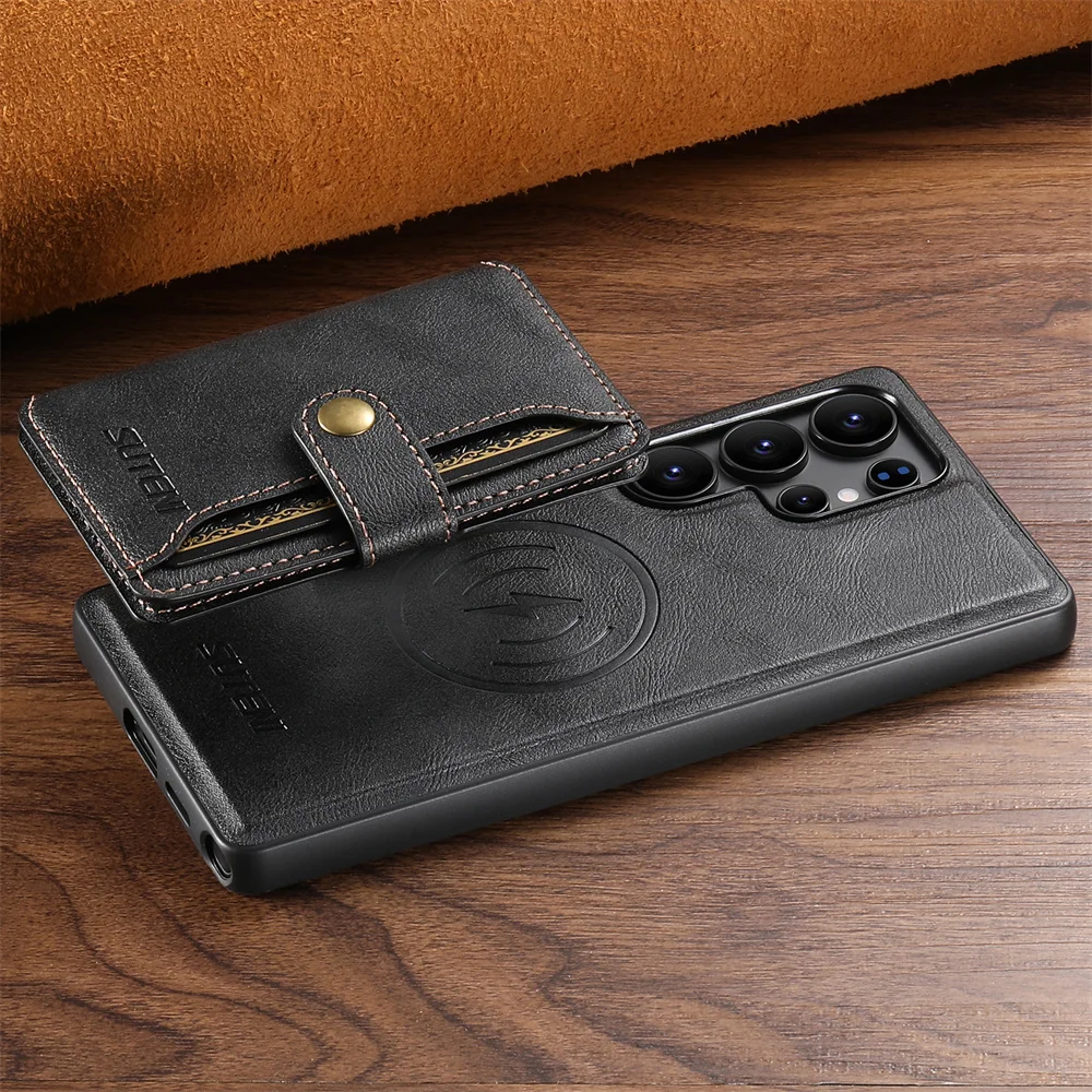 Magsafe afneembare magnetische portemonnee met kaarthouder telefoonhoesje voor galaxy  s25 s24 s23 s22 ultra, beschermhoes van pu-leer: Beige / Voor iphone 16 pro