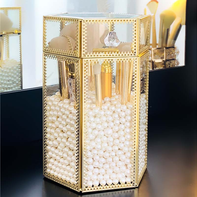 HUNYOO Glas en Metalen Parfum Flessen Make Borstels Houder Parels box Vierkante Gouden Make-Up Kwasten Parels Organizer Met deksel