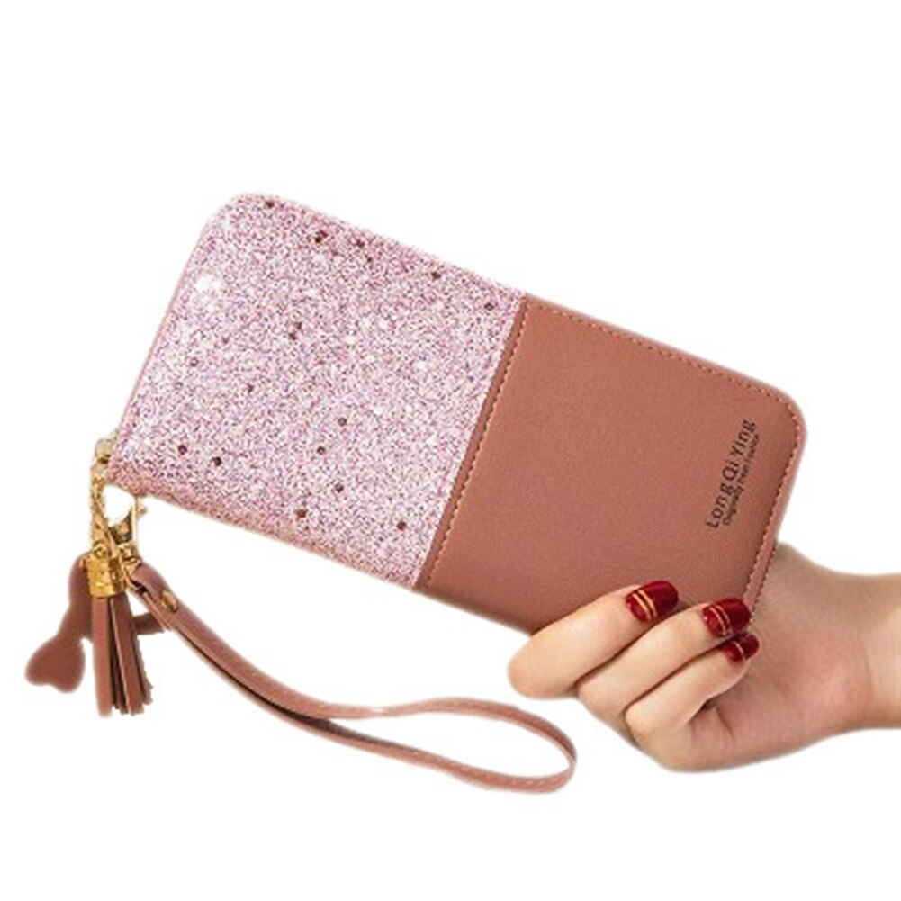 Portemonnee met paillettenpatchwork en glitter voor dames, lange portemonnee van pu-leer, portemonnee voor dames, groothandel voor meisjes: Donkerroze