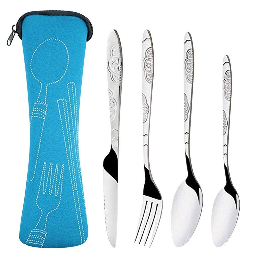 Cuchillos de acero inoxidable con forma de tenedor, cuchara para viajes en familia, Cubiertos para acampar, vajilla portátil para exteriores, Cubiertos de acero inoxidable: Azul