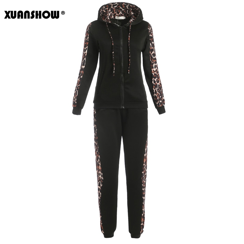 Xuanshow Herfst Winter Mode Trainingspak Vrouwen Splice Fleece Luipaard Print Jas Met Kap Twee Stukken Set Hoodies Lange Broek Pak