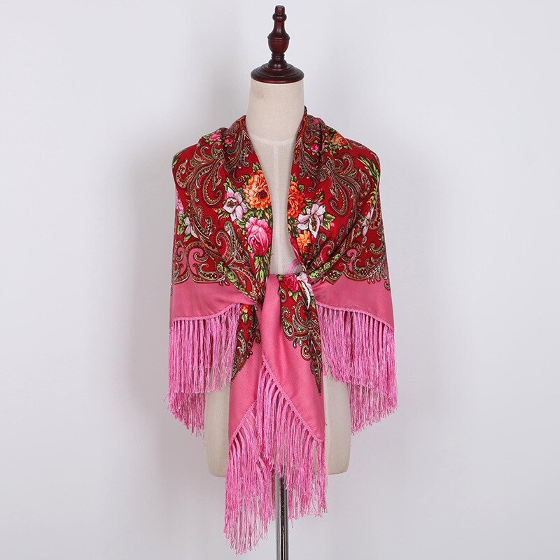 Rysk halsduk ukrainska fransade sjalar traditionella blommiga polska kvinnor hals huvud wrap vintage antik huvud hijab scarf poncho: Rosa