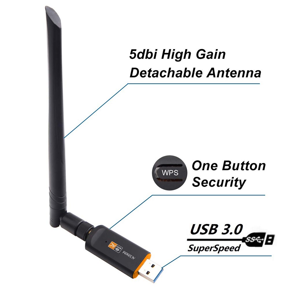 1200Mbps USB3.0 bezprzewodowy adapter Wifi 2.4/5Ghz dwuzakresowy karta sieciowa WPS 5dBi antena wysoka prędkość dla prochowiec OS okna Linux