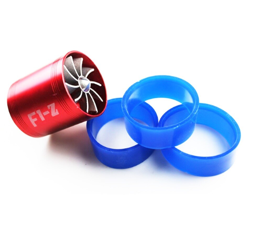 F1-Z Double Turbine Turbo Charger Air Intake Gas Fuel Saver Fan Car Supercharger Black Red Blue
