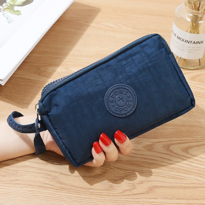 Women Wallets Women's Solid 3 Layer Canvas Cell Phone Bag Short Wallet Three-layer Zipper Coin Card Key Wallet: Dark Blue