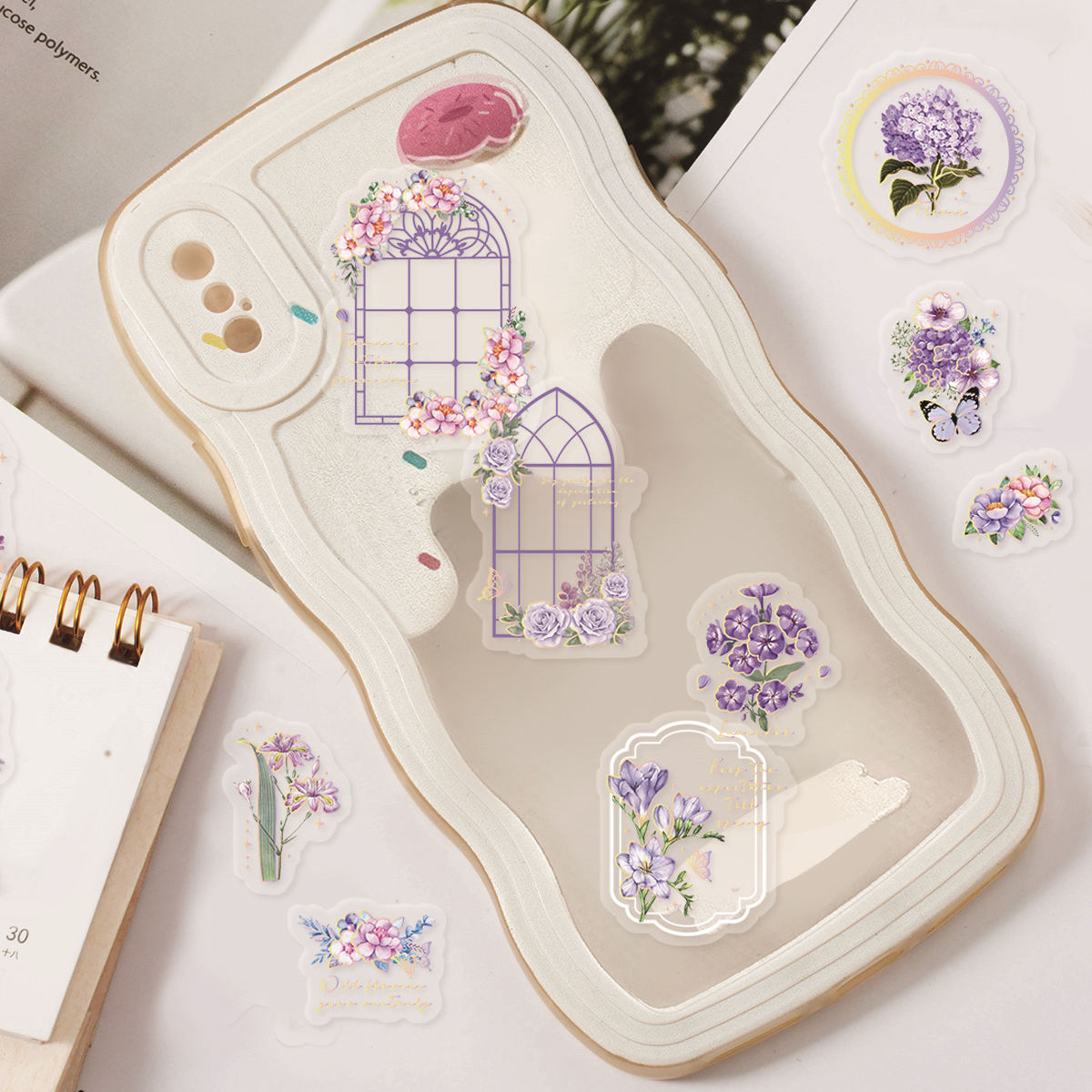3Sheets PET  Stamping Cultural and  Retro Plants, Purple Flowers, Childhood Waterproof DIY Stickers Rich Patterns