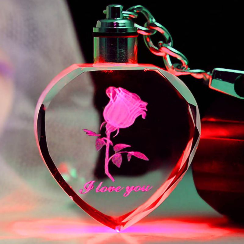 Rose Bloem Led Licht Sleutelhanger Lichtgevende Fairy Crystal Sleutelhangers Kleurrijke Rose Hart Sleutelhangers Ringen Voor Valentijnsdag